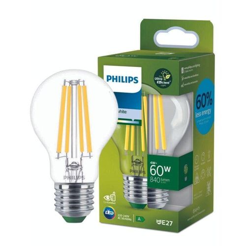 8720169187733 - Ultra Efficient led Filament Lampe ersetzt 60W E27 Birne - A60 4W 840lm 4000K Einerpack - transparent - Philips