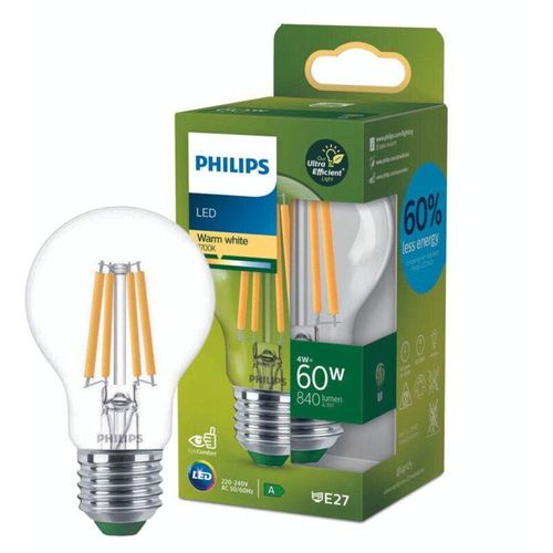 8720169187658 - Ultra Efficient led Filament Lampe ersetzt 60W E27 Birne - A60 4W 840lm 2700K Einerpack - transparent - Philips