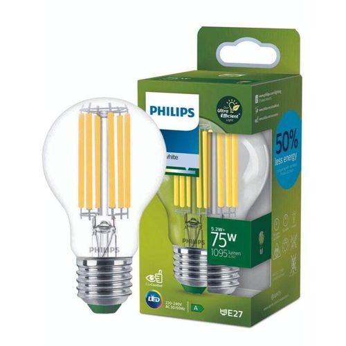 8720169187894 - Ultra Efficient led Filament Lampe ersetzt 75W E27 Birne - A60 52W 1095lm 4000K Einerpack - transparent - Philips