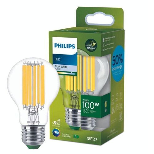 8720169188051 - Ultra Efficient led Filament Lampe ersetzt 100W E27 Birne - A60 73W 1535lm 4000K Einerpack - transparent - Philips