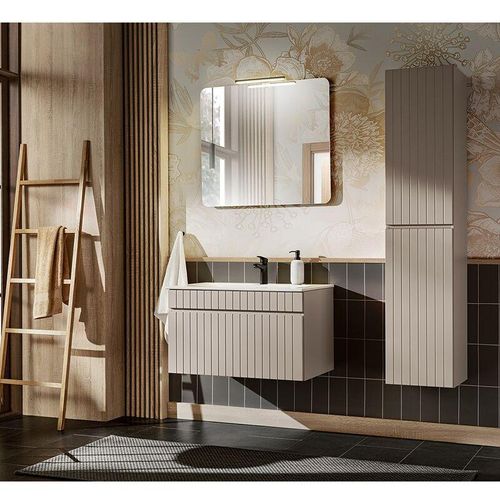 4066075125716 - Lomadox - Badezimmer Set 81 cm Waschtisch Hochschrank Spiegel IRAKLIO-56-CASHMERE Kaschmir b h t ca 145 200 46 cm - beige