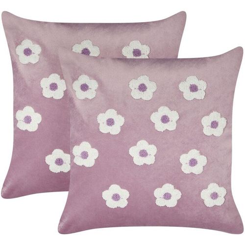 4255664858771 - Beliani - Dekokissen 2er Set Violett Samtstoff 45 x 45 cm mit Blumen Bestickt Pflanzenmotiv Quadratisch Modern Wohnzimmer Schlafzimmer Kinderzimmer