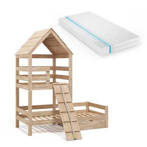 4066731052394 - VitaliSpa Spielturmbett Kinderbett Spielbett Teddy Natur modern 208x235 cm Massivholz Kinderzimmer Lattenrost Bett Schublade Matratze Abenteuerbett Kletterbett