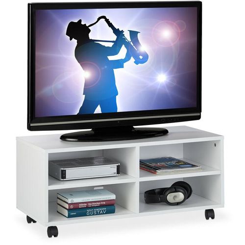 4052025259570 - Tv Board mit 4 Fächern mit Rollen für CDs DVDs & Konsole Phonotisch für Wohnzimmer hbt 35x80x35 cm weiß - Relaxdays