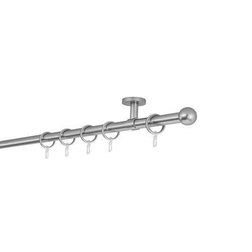 4066866158640 - Gardinenstange auf Maß 20mm Ball 1-lauf Vorhangstange Deckenträger 4cm Stilgarnitur mit Ringen für Vorhänge - Edelstahl-Optik - 150cm