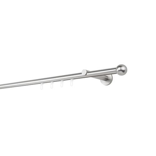 4066866175456 - Ondeco - Gardinenstange auf Maß Innenlauf 20mm Ball 1-lauf Vorhangstange Wandträger 12cm Stilgarnitur Gleiter für Vorhänge - Edelstahl-Optik - 220cm