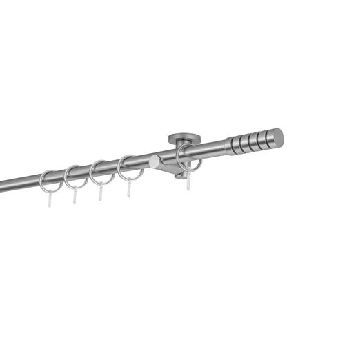 4066866152723 - Gardinenstange auf Maß 20mm Rille 1-lauf Vorhangstange Deckenträger 55cm Stilgarnitur mit Ringen für Vorhänge - Edelstahl-Optik - 120cm