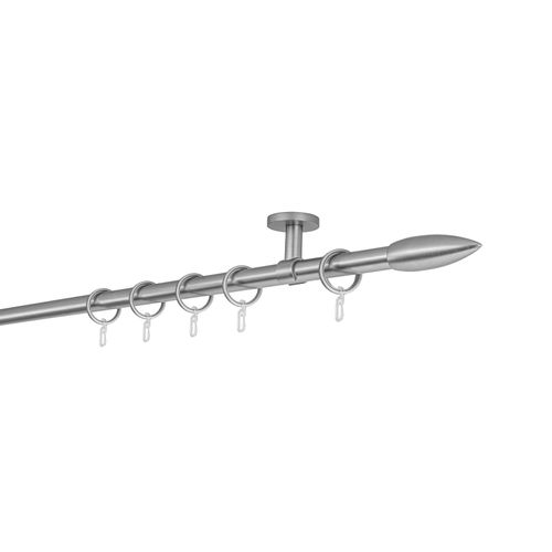 4066866165235 - Gardinenstange auf Maß 20mm Patrone 1-lauf Vorhangstange Deckenträger 4cm Stilgarnitur mit Ringen für Vorhänge - Edelstahl-Optik - 230cm