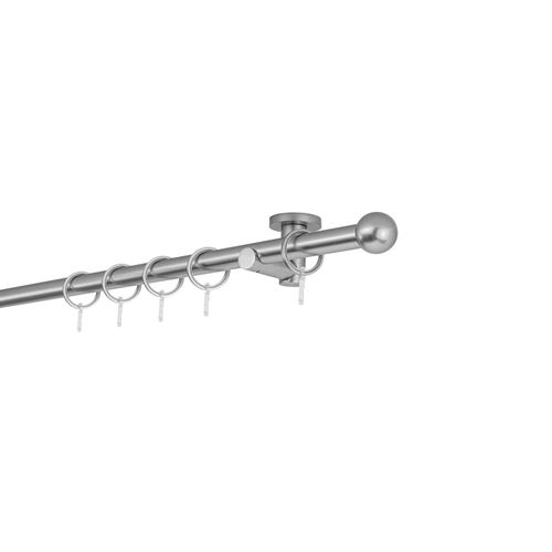4066866151962 - Gardinenstange auf Maß 20mm Ball 1-lauf Vorhangstange Deckenträger 55cm Stilgarnitur mit Ringen für Vorhänge - Edelstahl-Optik - 290cm