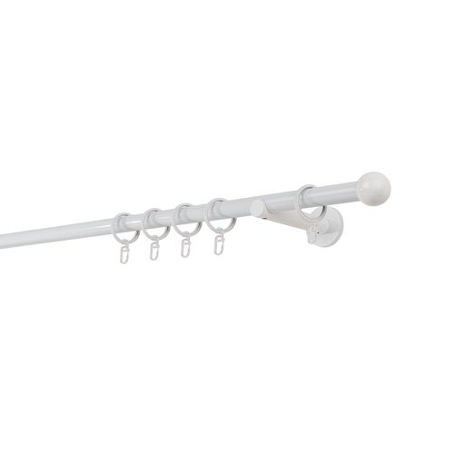 4066866115827 - Ondeco - Gardinenstange auf Maß 20mm Ball 1-lauf Vorhangstange Wandträger 12cm Stilgarnitur mit Ringen für Vorhänge - Weiß - 110cm