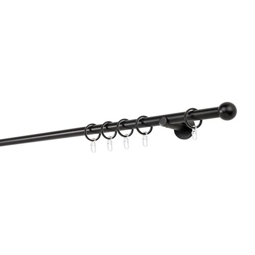 4066866104692 - Ondeco - Gardinenstange auf Maß 20mm Ball 1-lauf Vorhangstange Wandträger 65cm Stilgarnitur mit Ringen für Vorhänge - Schwarz - 140cm