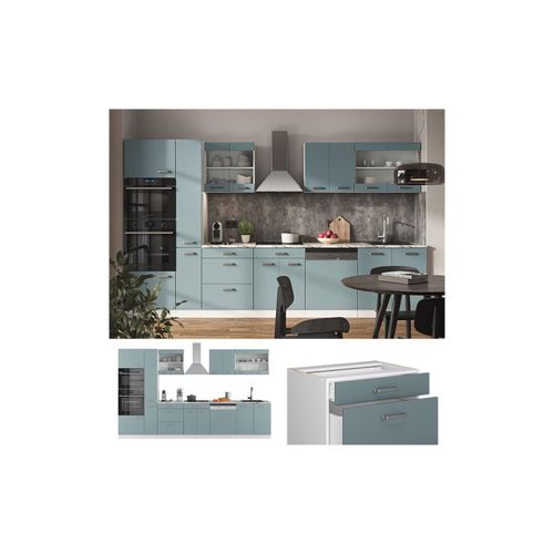 4066731345687 - Küchenzeile R-Line Solid Weiß Blau Grau 350 cm modern Küchenschränke Küchenmöbel 4066731345687 - Küchenzeile R-Line Solid Weiß Blau Grau 350 cm modern Küchenschränke Küchenmöbel