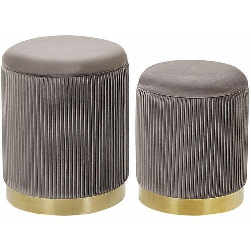 4251682242134 - Beliani - Pouf 2er Set Grau Samtstoff mit Goldenem Rand Metallband Runde Form Rillen-Optik Retro Stil Glamourös Wohnzimmer Schlafzimmer Flur Modern