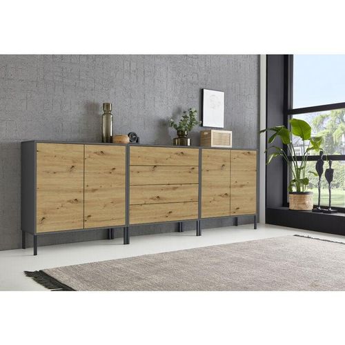 4260593582086 - Sideboard Mailand Set 5 grifflos Metallfüße Anthrazit  Artisan Eiche - Grau - Bmg Möbel