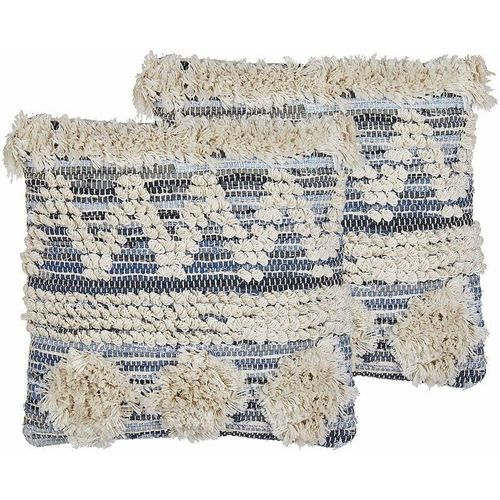 4251682272872 - Dekokissen 2er Set Beige und Blau 45 x 45 cm Baumwolle Quadratisch mit Reißverschluss Geometrisches Muster Strukturiert Handgewebt Zierkissen Boho