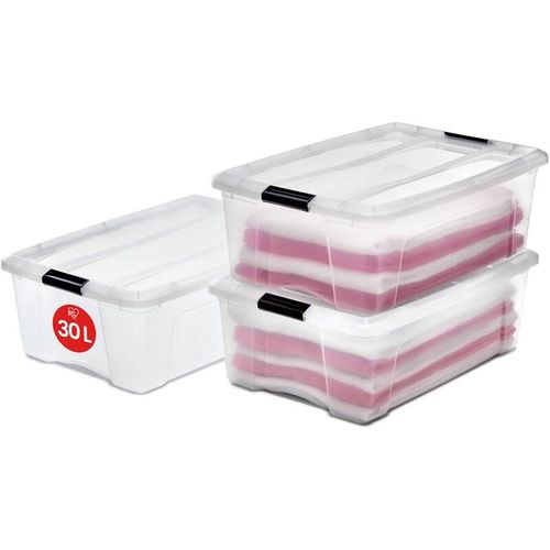 8716382192876 - 3er-Set Aufbewahrungsboxen 30 l mit Clips stapelbar Wohnzimmer Schlafzimmer Garage - New Top Box NTB-30 - Transparent - Iris Ohyama