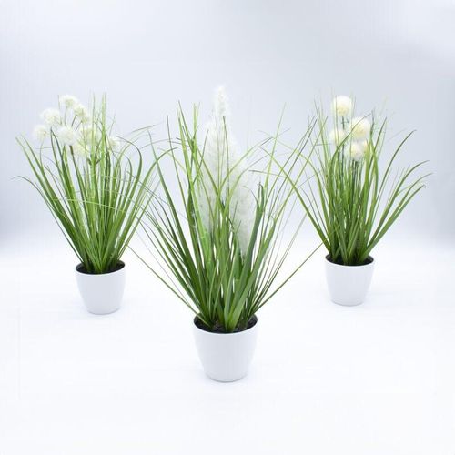 4262371539251 - Spetebo - Künstliches Gras im Topf 3er Set - 38 cm h - Kunstpflanze mit weißem Blumentopf - Deko Kunstgras Topfpflanze Zimmerpflanze für Tisch