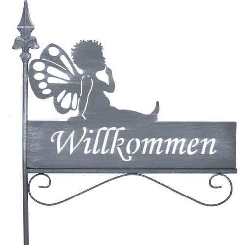 4069055001130 - Spetebo - Gartenstecker mit Schriftzug 128 x 42 cm - willkommen - Deko Beetstecker aus Metall in grau - Frühling Sommer Blumenbeet Metallstecker mit