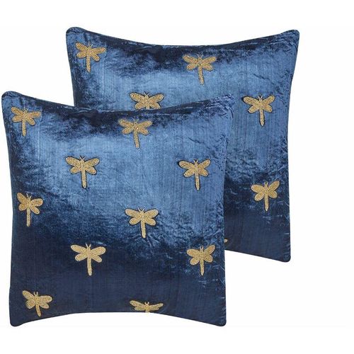 4255664850423 - Beliani - Set aus 2 dekorativen Kissen Marineblauer Samt 45 x 45 cm Tiermuster Libellenmotiv Modern Glamour Wohnzimmer Schlafzimmer Kissen