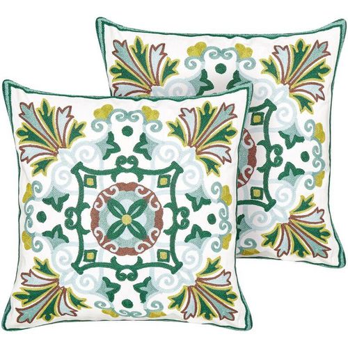 4255664860071 - Beliani - Dekokissen 2er Set Grün Baumwolle 45 x 45 cm mit Füllung Stickerei Orientalisches Motiv Quadratisch Modern Sofa Bett Wohnzimmer Schlafzimmer