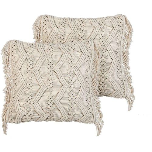 4255664862464 - Dekokissen 2er Set Hellbeige Baumwolle Quadratisch 45x45 cm Mit Füllung Fransen Strickmuster Boho-Stil Wohnzimmer Schlafzimmer Sofakissen