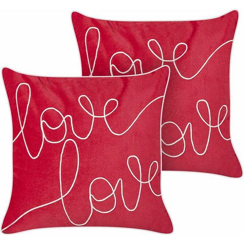 4255664850287 - Beliani - Dekokissen 2er Set Rot Samtstoff mit Polyester-Füllung 45 x 45 cm Love Schriftzug Romantisch Modern Accessories Wohnzimmer Schlafzimmer Flur