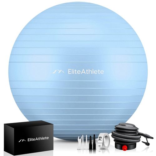 4260696120499 - EliteAthlete® Gymnastikball Sitzball Büro ergonomisch mit Anti Burst System - Fitness Yoga Pilates Schwangerschaft - Schwangerschaftsball Fitnessball Yogaball - Yoga Ball inkl Luftpumpe - Frosty 75cm