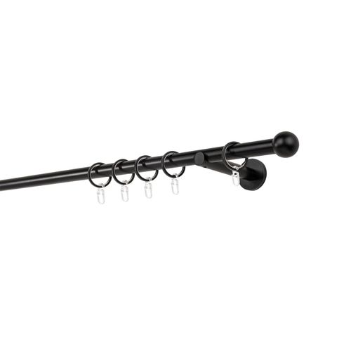 4066866115513 - Ondeco - Gardinenstange auf Maß 20mm Ball 1-lauf Vorhangstange Wandträger 12cm Stilgarnitur mit Ringen für Vorhänge - Schwarz - 110cm