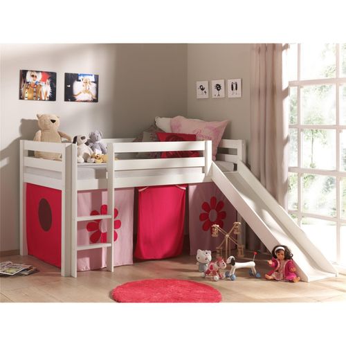 5420070212939 - Kinderzimmer Spielbett mit Textilset Pink Flower PINOO-12 incl Rutsche in Kiefer massiv weiß lackiert b h t ca 210 114 218 cm - weiß 5420070212939 - Kinderzimmer Spielbett mit Textilset Pink Flower PINOO-12 incl Rutsche in Kiefer massiv weiß lackiert b h t ca 210 114 218 cm - weiß