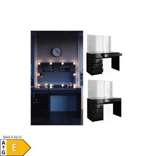 4066731412501 - Livinity Schminktisch Sherry Schwarz Hochglanz Gold 120 x 75 cm 5 Schubladen Spiegel LED
