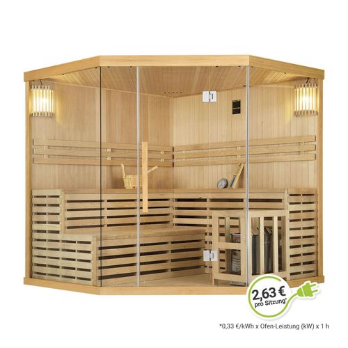4260565525127 - Saunakabine Espoo200 Premium mit Harvia Ofen – 5 Personen – Hemlock Holz Glasfront und led Licht – Inkl Thermometer & Sanduhr –Komplett Set 4260565525127 - Saunakabine Espoo200 Premium mit Harvia Ofen – 5 Personen – Hemlock Holz Glasfront und led Licht – Inkl Thermometer & Sanduhr –Komplett Set