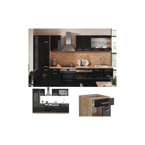 4066731345359 - Küchenzeile R-Line Solid Eiche Schwarz 300 cm modern Küchenschränke Küchenmöbel
