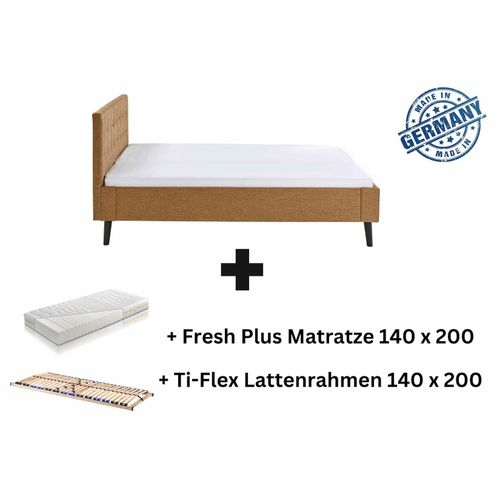 0743194010201 - Polsterbett 140 x 200 Amira Bettgestell mit Kopfteil Ocker