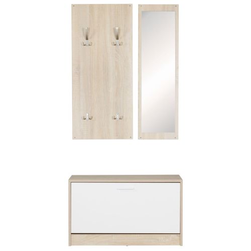 4251745759777 - Wandgarderobe DELFT mit Spiegel Weiß Platz für 8 Paar Schuhe 10 Metallhaken Melaminharzbeschichtung