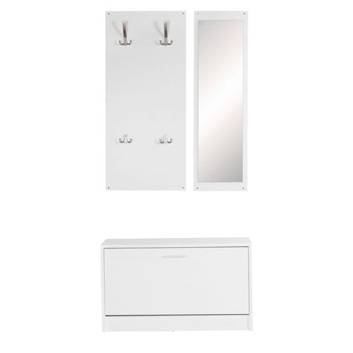 4251745759784 - Wandgarderobe DELFT mit Spiegel Weiß Platz für 8 Paar Schuhe 10 Metallhaken Melaminharzbeschichtung