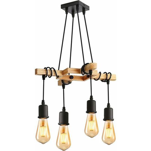 0725889892682 - Vintage-Pendelleuchten industrielle Deckenleuchte aus Holz und schwarzem Metall 4 E27-Leuchtmittel nicht enthalten max 60 w für Wohnzimmer oder 0725889892682 - Vintage-Pendelleuchten industrielle Deckenleuchte aus Holz und schwarzem Metall 4 E27-Leuchtmittel nicht enthalten max 60 w für Wohnzimmer oder