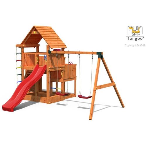 5902730330974 - Spielturm Big Leader Move Red teak mit Doppelschaukel Rutsche Kletterwand Holzdach und Sandkasten - Fungoo