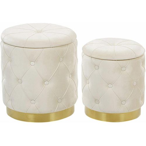 4251682242554 - Beliani - Pouf 2er Set Cremeweiß Samtstoff Gesteppt mit Stauraum Goldener Metallring Rund Chesterfield Stil Retro Wohnzimmer Schlafzimmer Flur Modern