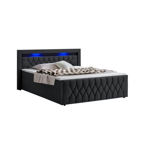 4262437181615 - Boxspringbett Leona 140x200 cm - Bett mit led Beleuchtung Topper & H4 Federkern Matratzen - Einzelbett Bettkasten Schwarz mit Samt und Steppung