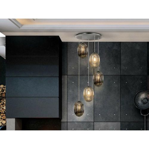 8435435331313 - Schuller Lighting - Schuller Ovila Moderne Cluster Drop 5-Licht led Pendelleuchte Oval Brandy & Rauchgraue Schirme