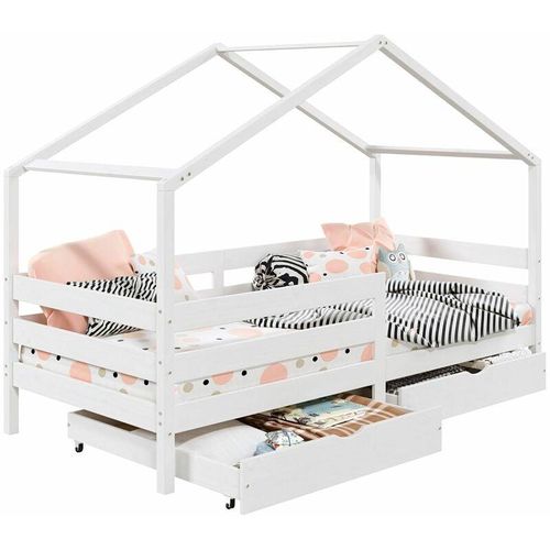 4016787713817 - - Hausbett ena 90 x 200 cm mit Rausfallschutz und zwei Schubladen in weiß