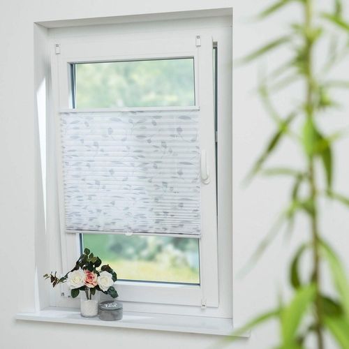 4260533613887 - Plissee GARESA Blätter Gr 9 grau (weiß grau weiß weiß) B70cm H130cm Obermaterial 100% Polyester Plissees einfache Montage bedruckt blickdicht