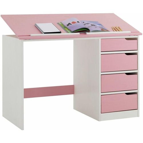 4016787072433 - - Kinderschreibtisch emma aus Kiefer massiv in weiß rosa neigungsverstellbar