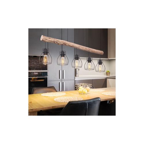 4059157177925 - Etc-shop - Holz Design Hängeleuchte mit Gitter Lampenschirmen Pendelleuchte mit Holzbalken 5 flammig Metall schwarz Holz natur 5x E27 max 40 Watt