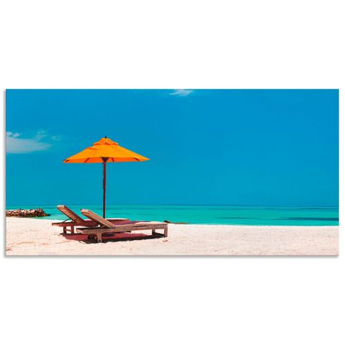 4057738380078 - Wandbild ARTLAND Liegestuhl Sonnenschirm Strand Malediven Bilder Gr B H 60 cm x 30 cm Alu-Dibond-Druck Strand Querformat 1 St blau Bild Metallbild Metallbilder Bilder als Alubild Leinwandbild Wandaufkleber oder Poster in versch Größen