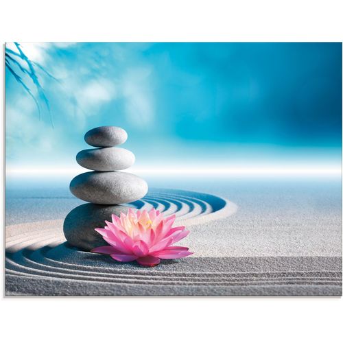 4058661450517 - Glasbild ARTLAND Sand Lilie und Spa-Steine in Zen-Garten Bilder Gr B H 80 cm x 60 cm Glasbild Zen 1 St blau Glasbilder in verschiedenen Größen