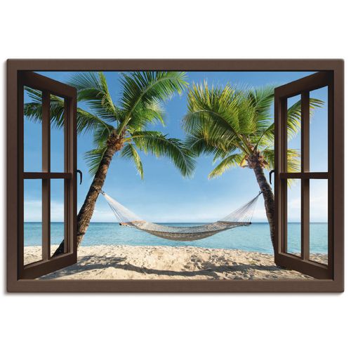 4057738334385 - Wandbild ARTLAND Fensterblick Palmenstrand Karibik Bilder Gr B H 70 cm x 50 cm Leinwandbild Amerika Querformat 1 St braun Bild Poster Bilder als Alubild Leinwandbild Wandaufkleber oder in versch Größen