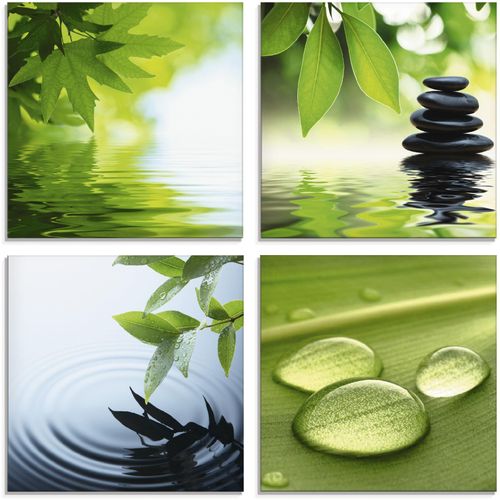 4055327089494 - Glasbild ARTLAND Blätter Wasser Zen Steinpyramide Tropfen Bilder Gr B H 20 cm x 20 cm Glasbild Zen 4 St grün Glasbilder in verschiedenen Größen