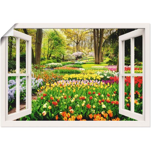 4062144722541 - Wandbild ARTLAND Fensterblick Tulpen Garten Frühling Bilder Gr B H 130 cm x 90 cm Poster Fensterblick Querformat 1 St bunt Kunstdrucke als Alubild Leinwandbild Wandaufkleber oder Poster in versch Größen