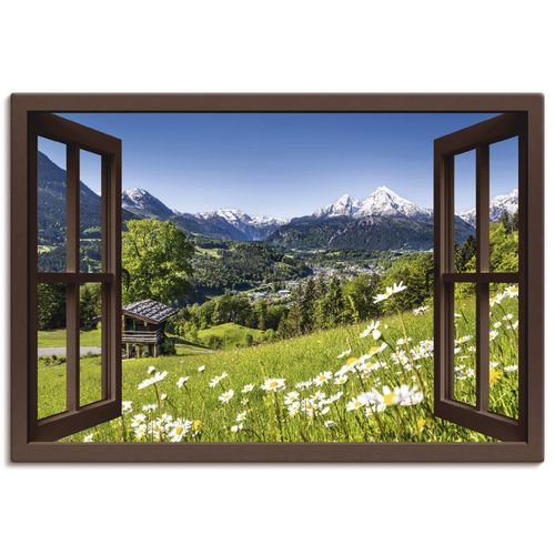 4057738334200 - Wandbild ARTLAND Fensterblick Bayerischen Alpen Bilder Gr B H 70 cm x 50 cm Leinwandbild Berge Querformat 1 St braun Bild Leinwandbild Kunstdrucke Bilder als Alubild Leinwandbild Wandaufkleber oder Poster in versch Größen
